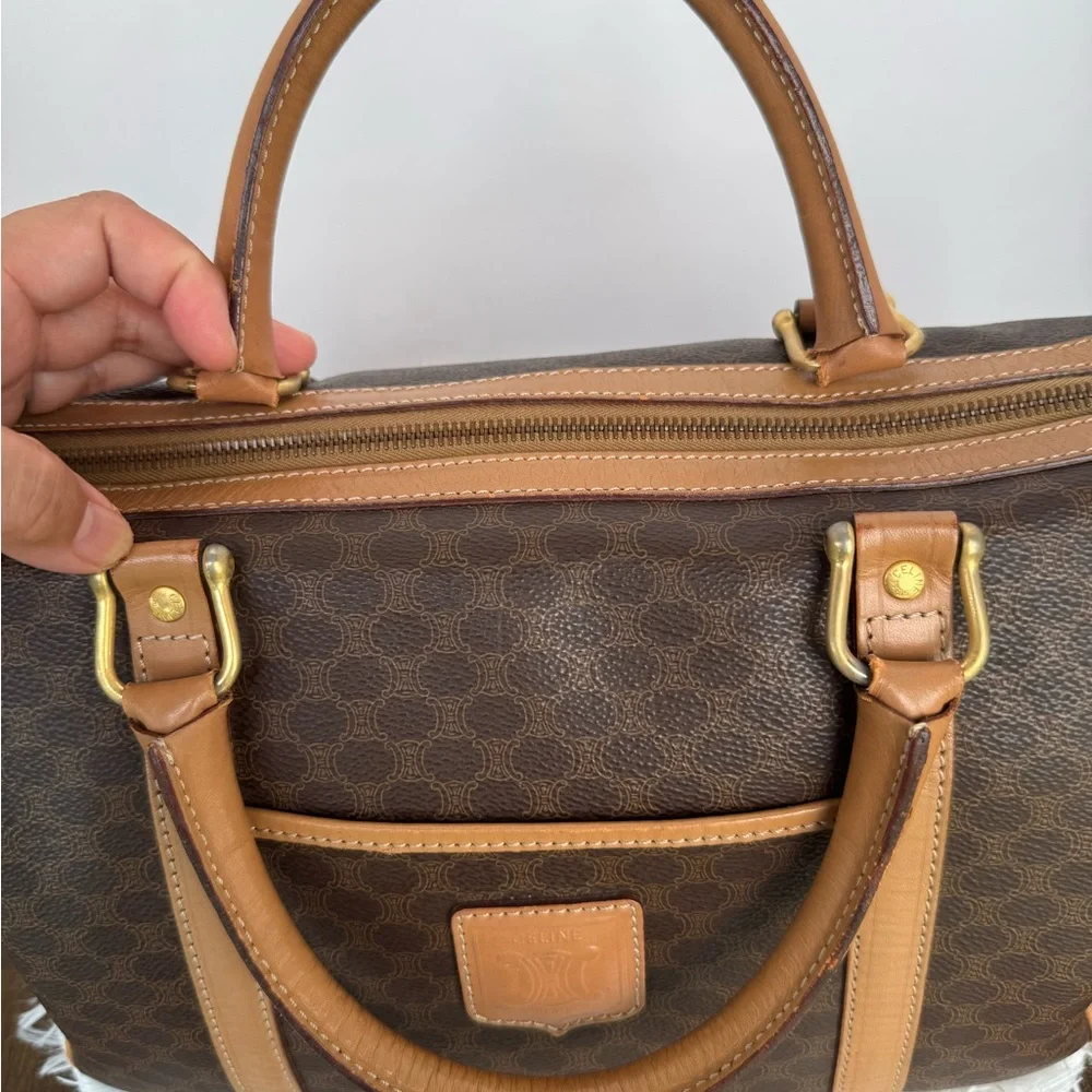Celine Brown and Tan Coated Canvas Travel Satchel